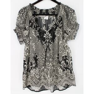 Forbidden Top Womens Plus 2X Black Floral Short Sleeve Sheer Tunic Blouse Shirt